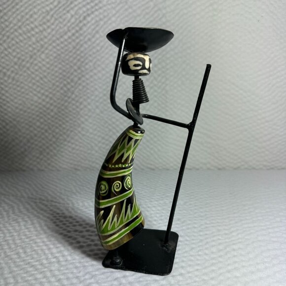 Vintage Handcrafted Tribal Candle Holder With African Motif Metal & Cow Horn - Picture 1 of 8